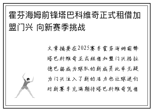 霍芬海姆前锋塔巴科维奇正式租借加盟门兴 向新赛季挑战