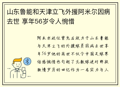 山东鲁能和天津立飞外援阿米尔因病去世 享年56岁令人惋惜